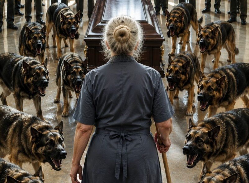 For twenty-four hours, 12 military dogs guarded a coffin and nearly tore apart the officers who tried to approach it: the soldiers were frozen with terror when an ordinary janitor carrying a mop suddenly walked toward the enraged pack, and then…