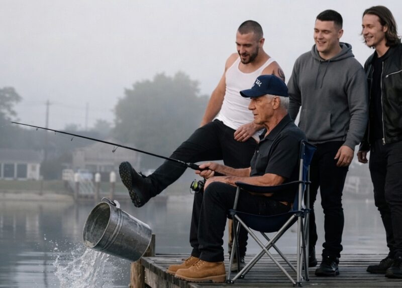 An elderly man sat calmly at the edge of an old wooden pier, fishing, when three young men approached him with arrogant smiles — but they had no idea how this encounter would end for them…