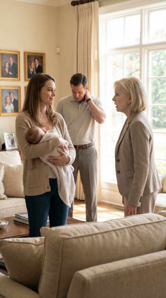 I was still holding my newborn when my mother-in-law sneered, “You don’t belong in this family photo. Leave.” My husband said nothing. Not one word. I smiled, looked her dead in the eye, and whispered, “Fine. But since this house is in my name, you have 24 hours to pack.” She thought I was weak. She had no idea that was the moment everything changed.