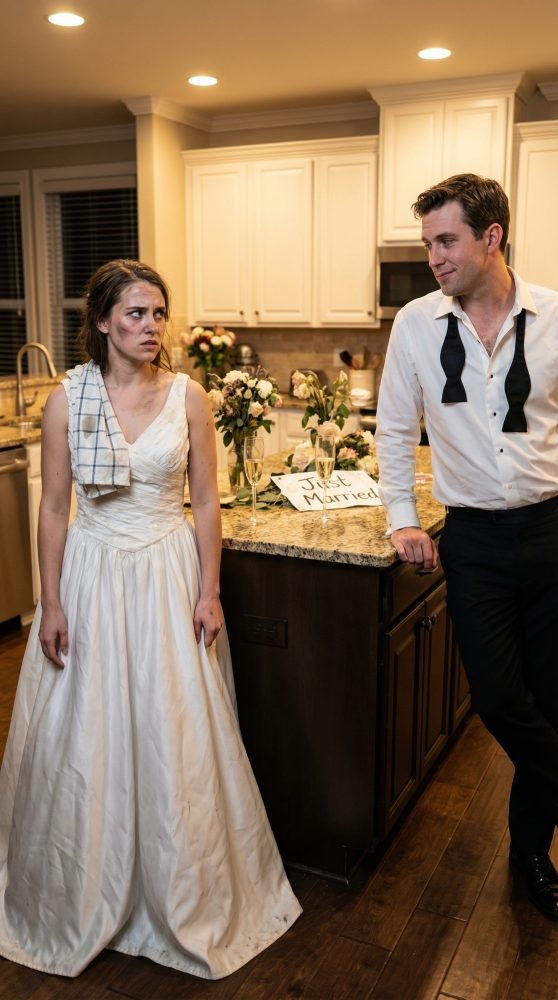 On our wedding night, my husband threw a dish rag in my face and said, “The cooking and cleaning are your job now. Don’t think you’re getting a free ride in my house.” I smiled, nodded, and let him believe I’d submit. But as I stood there in my wedding dress, staring at the man I had just married, I realized something terrifying—this wasn’t a mistake. It was the first glimpse of who he really was… and he had no idea what I’d do next.