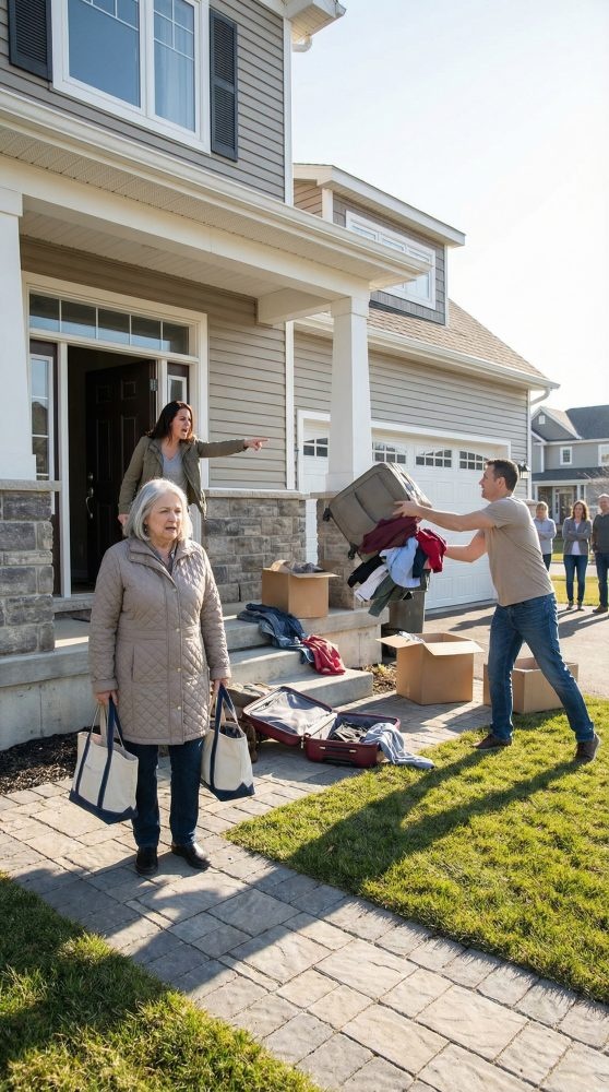 I stood frozen on my son’s porch as my suitcase burst open at my feet. ‘Get out, beggar!’ my daughter-in-law screamed, while my own son hurled the rest of my things into the yard like I meant nothing. I wanted to tell him the truth right then—that I made $80,000 a month and could buy every house on this street—but I stayed silent. A month later, when he saw my name across the street, everything changed