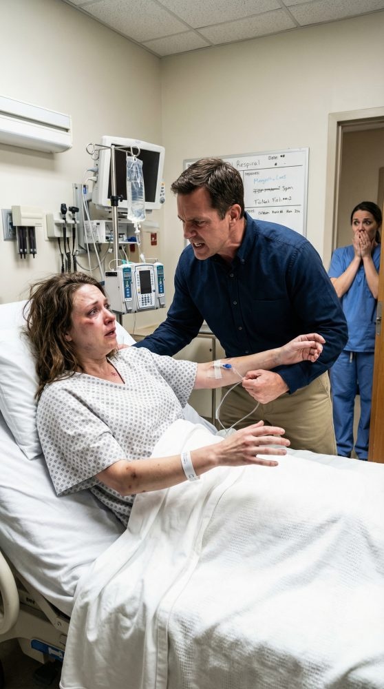 I thought surviving the car crash was the worst thing that could happen to me—until my husband burst into my hospital room, yanked out my IV, and hissed, ‘Get up. My mother’s birthday dinner won’t cook itself.’ I was still bleeding when he dragged me home. But the second the front door swung open, his grip loosened, his face went white, and for the first time… I saw real fear in his eyes.