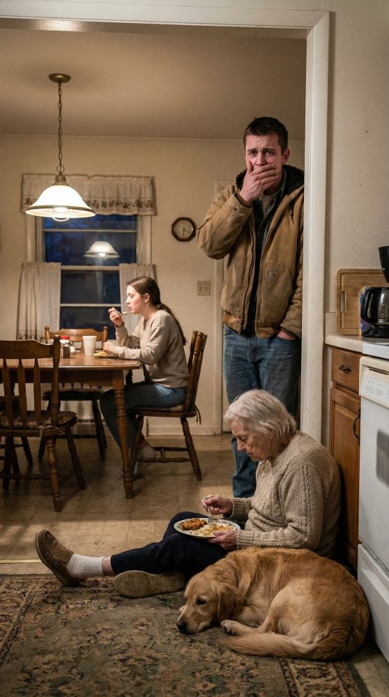 I came home early, expecting a quiet evening—then froze at the doorway. My 80-year-old mother was hunched on the cold floor, eating from a plate like she didn’t belong at the table. My fiancée looked up and snapped, ‘She’s old. She doesn’t need special treatment.’ My hands shook. ‘That’s my mother,’ I said. But the way Mom avoided my eyes told me this wasn’t the first time… and I was already too late.