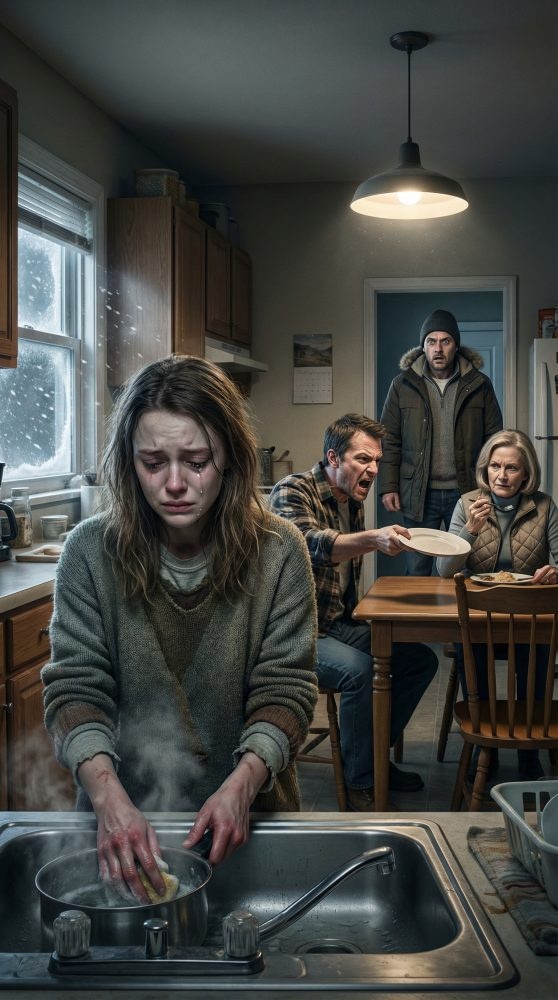 I visited my daughter without notice and was stunned! Her mother-in-law and husband were sitting and eating while she was washing dishes, shivering from the cold. Her husband snatched the plate from his mother’s hands and yelled, “Stop washing dishes, bring more food!” I quietly made a phone call. Five minutes later, everything had changed and…