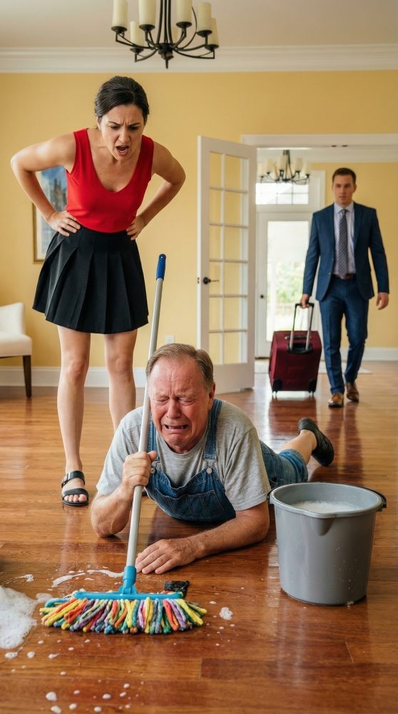 I froze in the doorway when I saw my father on his knees in a pool of soapy water, his hands shaking, while my fiancée sneered, ‘He doesn’t belong here.’ Then he looked up at me through tears and whispered, ‘Son… please.’ In that second, my perfect life cracked wide open—and I had to choose between the man who raised me and the woman who was destroying him. What I did next changed everything.
