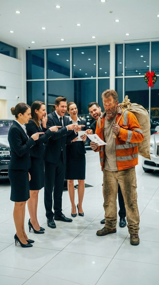 The entire Rolls-Royce showroom burst into laughter when the ragged garbage collector stepped inside. “Sir, this isn’t a place for people like you,” one salesman sneered. But when Ray dropped his filthy sack onto the marble floor and whispered, “My dying daughter has one Christmas wish,” the room went silent. Then he opened the bag—and what spilled out changed everything. No one was ready for what came next.