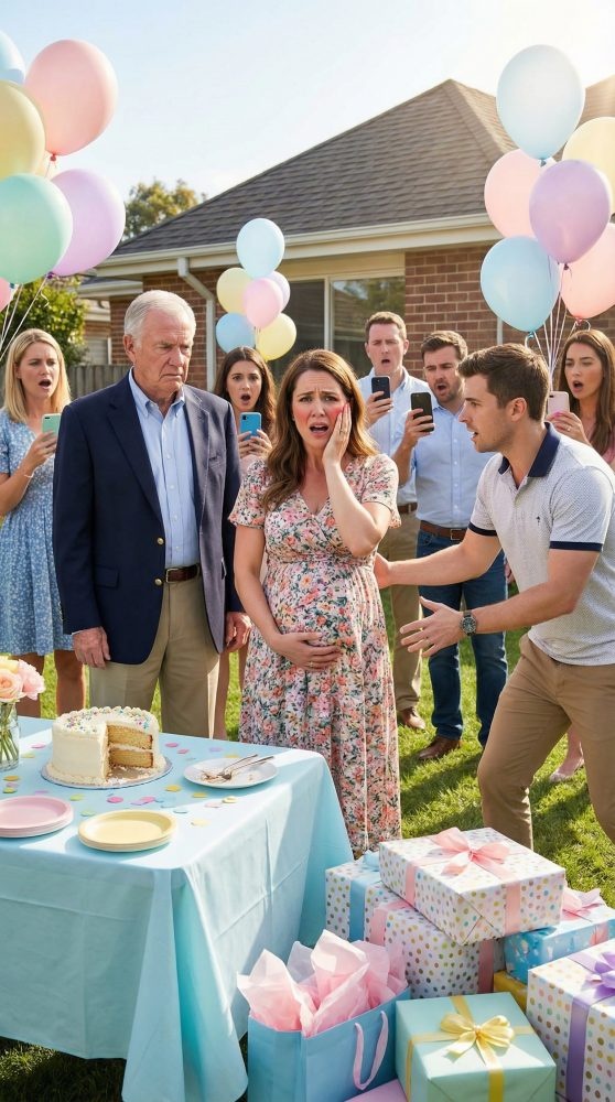 My father-in-law slapped me at the baby shower, calling me ‘defective.’ He didn’t know I was 11 weeks pregnant. The room went silent. Phones started recording. Hours later, I was in the ER. By morning, my husband had to make a choice — his father or his child.
