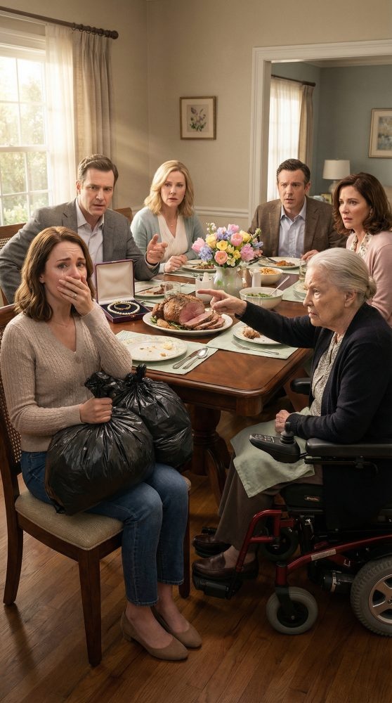 I cared for my mother-in-law for three years after her stroke—fed her, bathed her, stayed when everyone else vanished. On Easter, she handed pearls and gold to her sons, then threw trash bags at me and said, “You’re not family.” I went home shaking, opened one bag… and found the house deed, her will, and everything she never said out loud. But that wasn’t even the most shocking part.