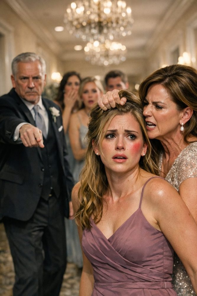 At my sister’s wedding, my stepmom blocked the door and hissed, “You’re not ruining this day.” Seconds later, she yanked my hair and slapped me in front of everyone. I was still in shock when my dad pointed at the floor and said, “Kneel and apologize to her.” I walked out without a word… but before sunset, they were calling me like their lives depended on it.