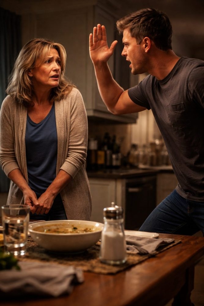 I still tasted the tears in that saltless soup when my son’s hand struck my face. By morning, he stood over my bruises and hissed, ‘My girlfriend’s coming for lunch, Mom—cover that up and smile.’ I said nothing. But when I followed him to his office and he stepped into his boss’s room, his face went ghost-white. Then he saw me standing there… and whispered, ‘Mom… what are you doing here?’