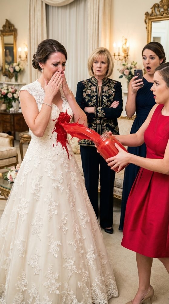 I was twelve minutes from saying ‘I do’ when my sister smiled, lifted a jar, and dumped red oil paint all over my wedding dress. ‘What are you doing?!’ I screamed. She looked me dead in the eye and said, ‘You always steal my shine.’ Then my mother whispered, ‘She’s right.’ I thought that betrayal was the worst part—until my maid of honor posted the video… and someone unexpected saw it.