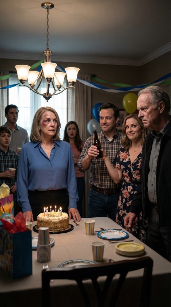 On my birthday I stood in front of everyone with a black eye. The room went silent. My son said proudly ‘It was my wife — she taught her some respect.’ My DIL smirked. Then my brother walked up to my son and said something that changed everything.