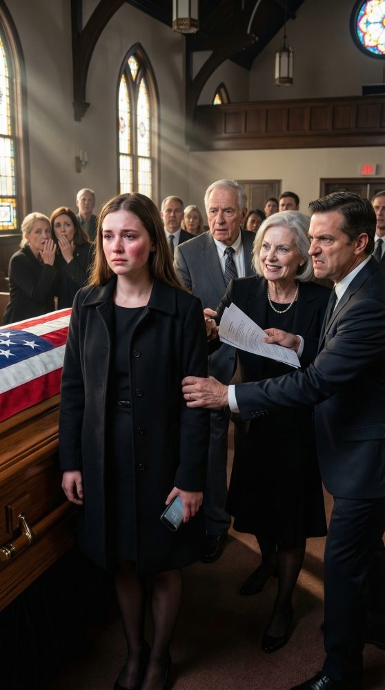 At my father’s funeral, I was still shaking beside his coffin when my mother gripped my arm, shoved papers into my hands, and smiled, “Sign everything now—you’re too young to own any of it.” When I said no, she slapped me in front of the mourners, and my stepfather tried to drag me anyway. They thought grief had made me weak. They had no idea I was recording every word… and what happened next destroyed them.