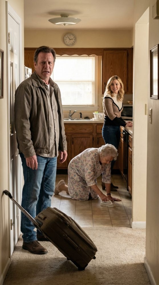 I came home from the USA with a suitcase full of gifts and a heart full of trust. The door wasn’t even locked. I heard my wife’s voice—cold, sharp: “Faster. Don’t act old in my house.” Then my mother’s trembling reply cut through me: “Please… my hands hurt.” I froze in the hallway, watching her scrub the floor like a maid. My stomach dropped. My wife turned, smiled, and said, “Oh… you’re early.” And that’s when I realized—this wasn’t the first time.