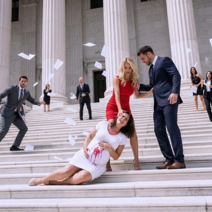 I was seven months pregnant when his mistress shoved me down the courthouse stairs. My body hit the marble hard, and all I heard was her whisper: “Now you’re finally out of the way.” I thought he would save me—but my husband just stood there, silent. Then a voice thundered through the chaos: “Touch my sister again, and I’ll destroy you in court.” That was when my brother arrived… and everything changed.