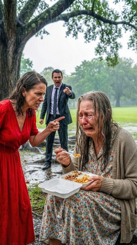 I was rushing through the rain after the worst business meeting of my life when I saw an old woman shaking under a tree, clutching a cheap box of food like it was all she had left. Then she looked up, and my blood froze. “Mom?” I whispered. She stared at me through the storm, tears mixing with rain, and said, “So… you finally came back.” In that second, I realized success had made me rich enough to buy everything—except the years I had stolen from her.