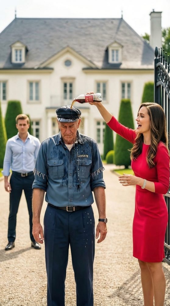 I stood at my own gate in a stained guard’s uniform when my future daughter-in-law sneered, dumped soda over my head, and laughed, ‘You’re just the gate guy.’ In that sticky, humiliating moment, I realized my son was about to marry a woman with no mercy in her heart. She thought she had shamed a nobody… but she had just humiliated the man who could destroy her perfect future. What happened next changed everything.
