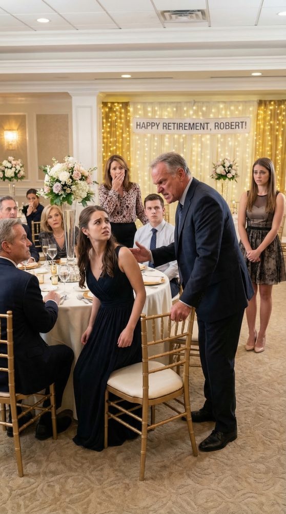 At my father’s retirement party, in front of the entire family, he suddenly shoved me away from the table and snarled, “That seat is for my real daughter. Get out!” I hit the floor as silence crushed the room and every face turned pale with shock. I walked out without a word—but that night, my phone lit up with 300 missed calls from my family. By then, it was already too late.