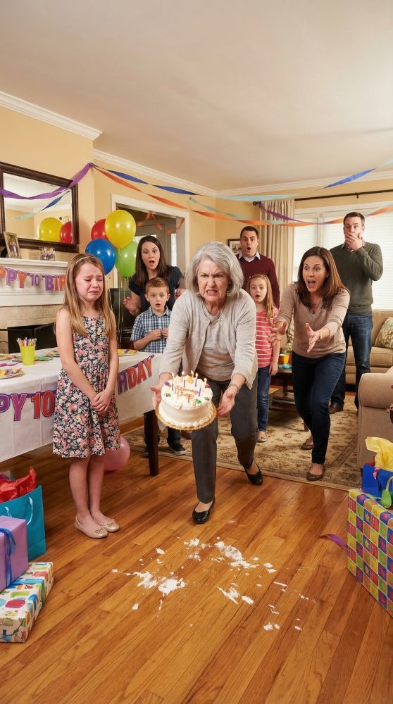 I watched my mother-in-law grab my daughter’s birthday cake and slam it to the floor like her joy meant nothing. ‘She doesn’t deserve to be celebrated,’ she spat—while my husband just stood there. My little girl’s eyes filled with tears… but then she wiped them, lifted her tablet, and whispered, ‘Grandma… I made a special video for you.’ The second it started playing, the color drained from her face—and that was only the beginning.
