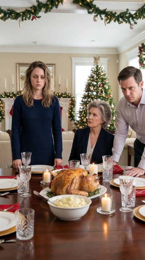 Christmas was supposed to feel warm—until my “mama’s boy” husband hissed, “Don’t you get it? Mom doesn’t want to eat with you.” I’d been in the kitchen since dawn, hands raw, apron stained. His mother looked me up and down and sneered, “You look filthy. I can’t enjoy my meal if I have to look at your face.” I changed. I sat again. Then—a hard shove. My head slammed, and blood slid down my temple. They didn’t even flinch. So I smiled, lifted my phone, and whispered, “Police? I’d like to report a crime—illegal trespassing and assault.” Because the biggest shock? That house they think she “saved”? It was mine. And tonight… they’re about to learn who really owns it.
