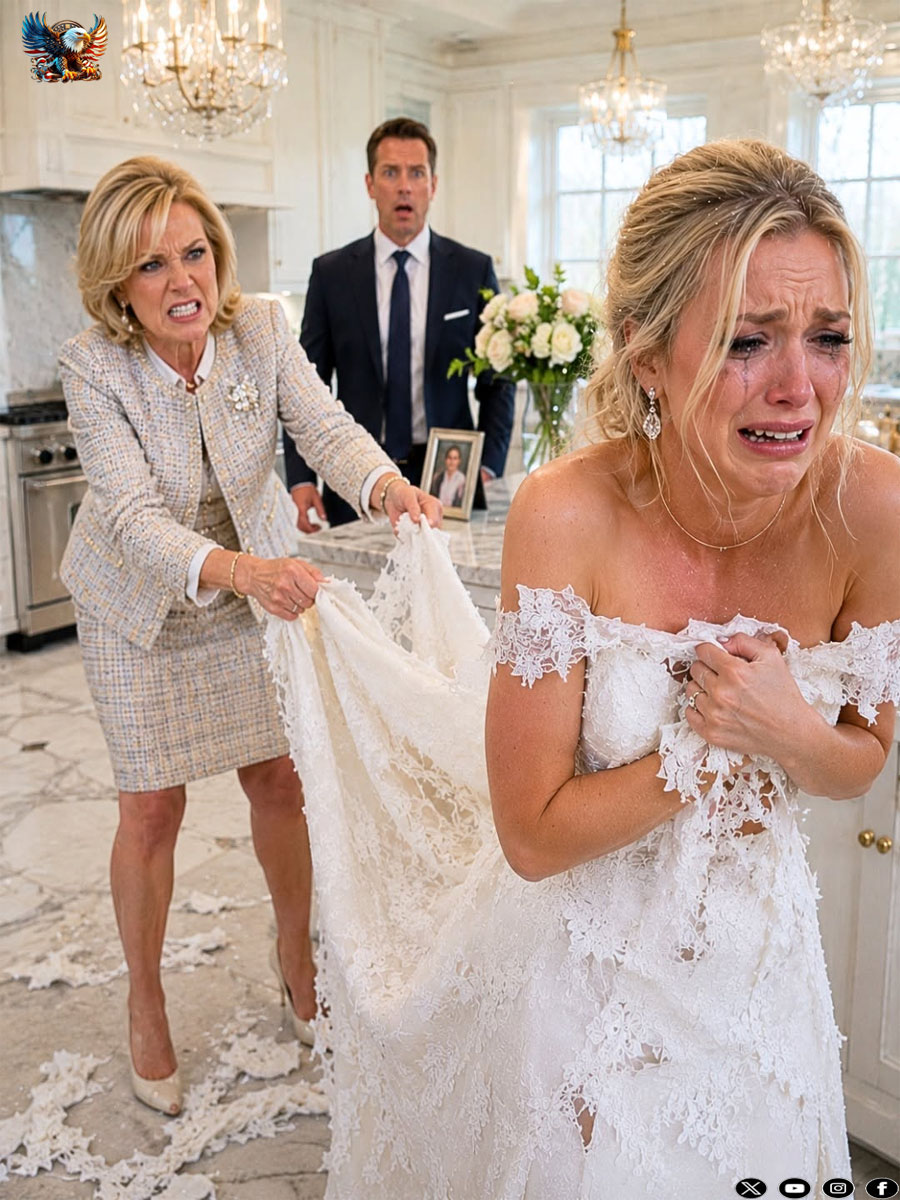 My mother-in-law r!pped my white dress and yelled, “My son pays for everything in this house!” My husband remained silent. The next day, when his key wouldn’t open the door, I looked at her through the security camera and whispered…