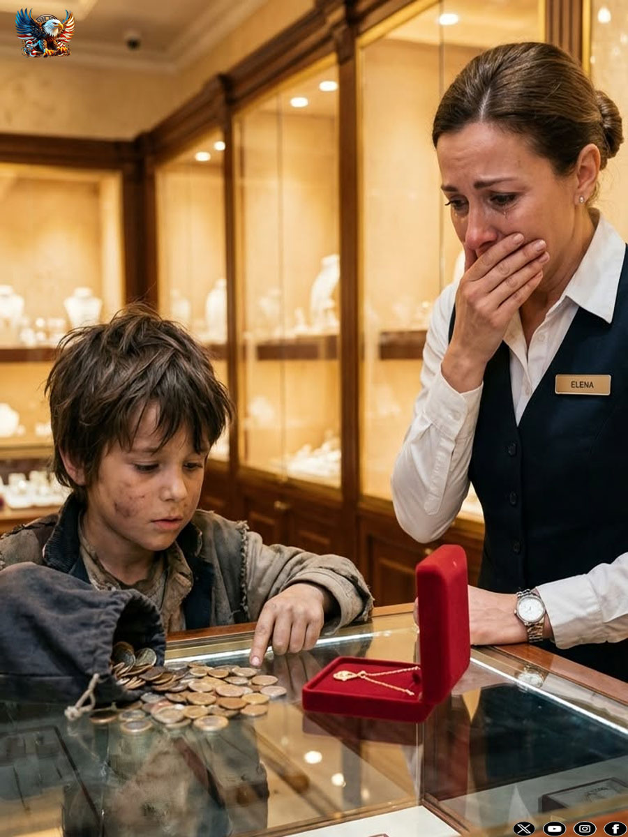A rag.ged boy silently entered the luxurious jewelry store and poured thousands of cold coins onto the gleaming glass.