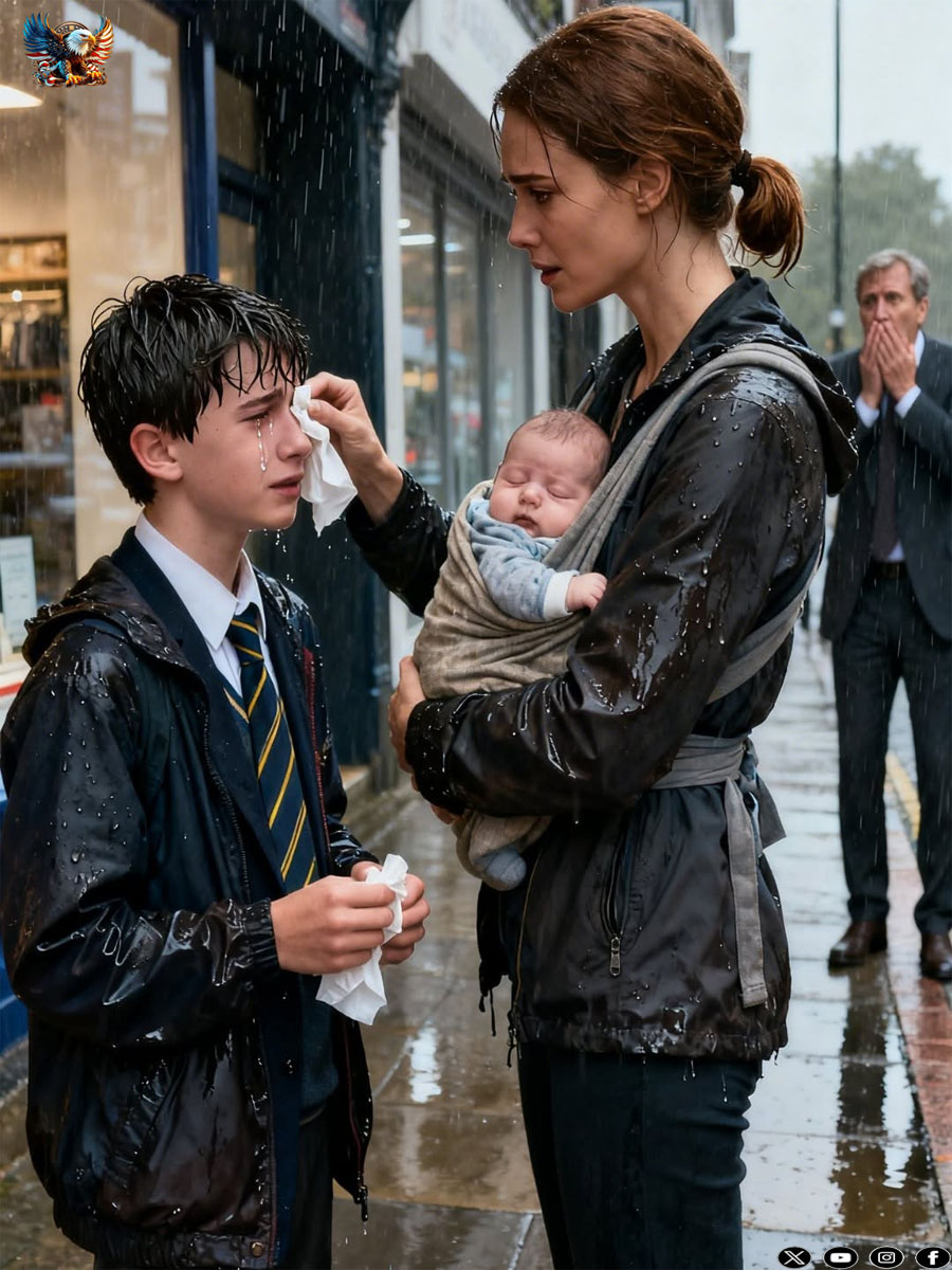 A humble mother cradled a crying boy in the rain