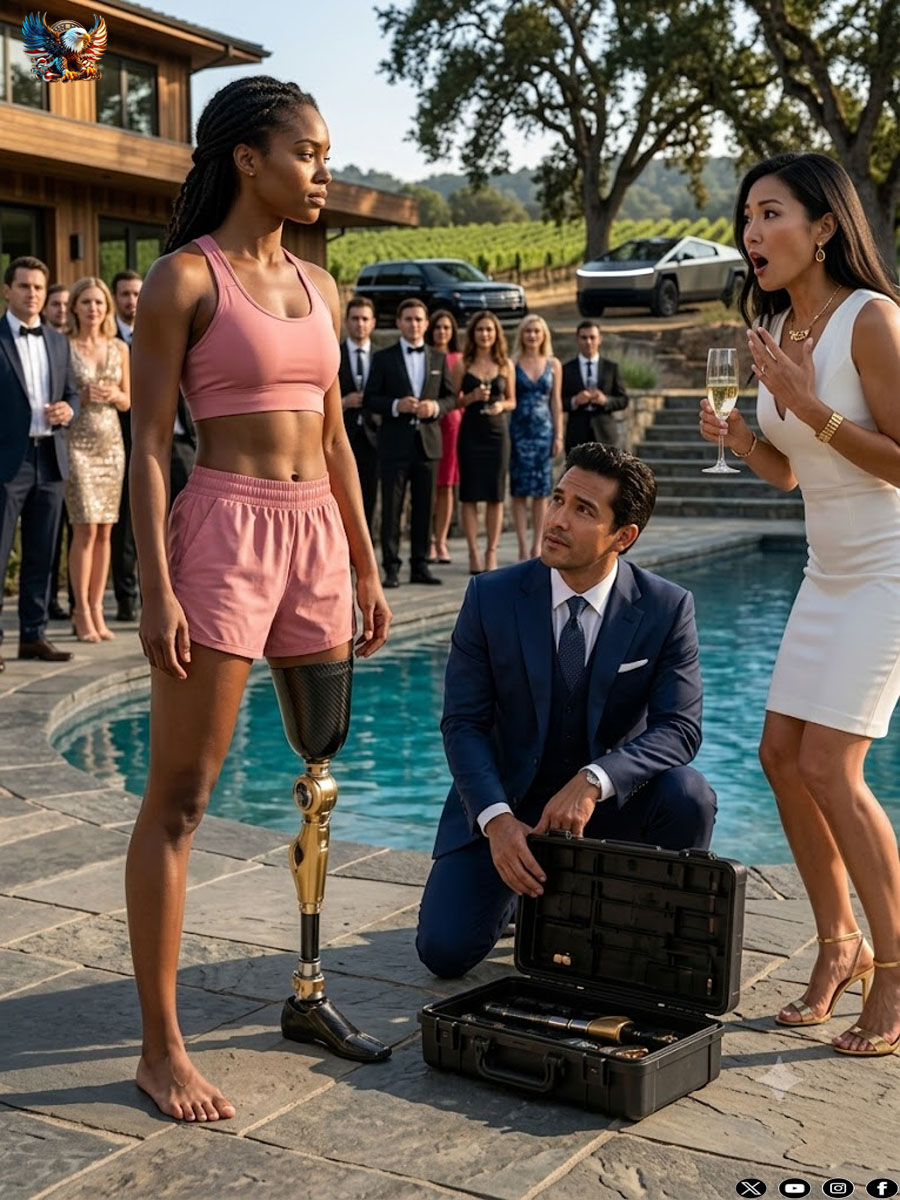 My stepsister hosted a luxury pool party, hiding my clothes so I’d have to expose my prosthetic leg. “Hop out there, pirate! Show my rich friends how defective you are,” she laughed. I didn’t cry. My billionaire husband handed me a briefcase. I walked out wearing a $500,000 custom gold-titanium blade. The VIP investors she was trying to impress immediately stood up and bowed to me, because…