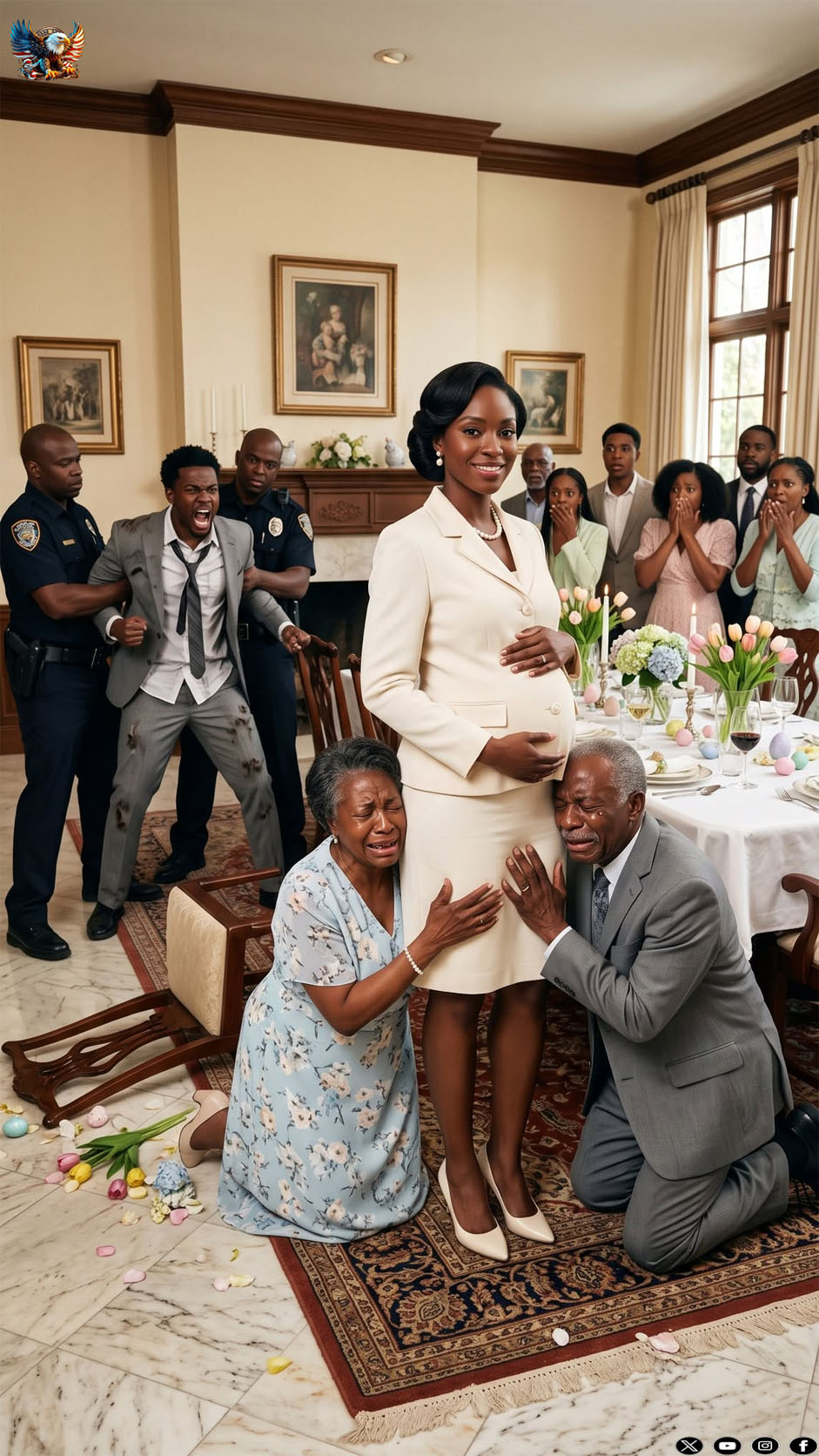 At Easter dinner, my mother-in-law made me cook for 20 people while I was seven months pregnant. When I finally sat down to eat, she shoved my face into my plate. “Sit up straighter!” she snapped, while my husband laughed like it was a joke. They thought I’d stay quiet. They had no idea this dinner was about to ruin them both.