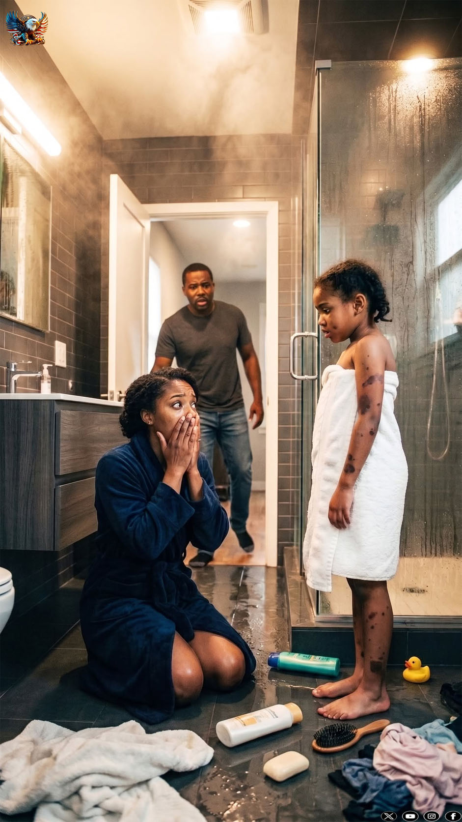 “I adopted a 7-year-old orphan, expecting a daughter. But during her first bath, I saw something on her back that made me freeze. Dropping the sponge, I called the police, my voice trembling as I whispered, ‘Please come quickly… the child they gave me…’ Suddenly, she turned to me and…”