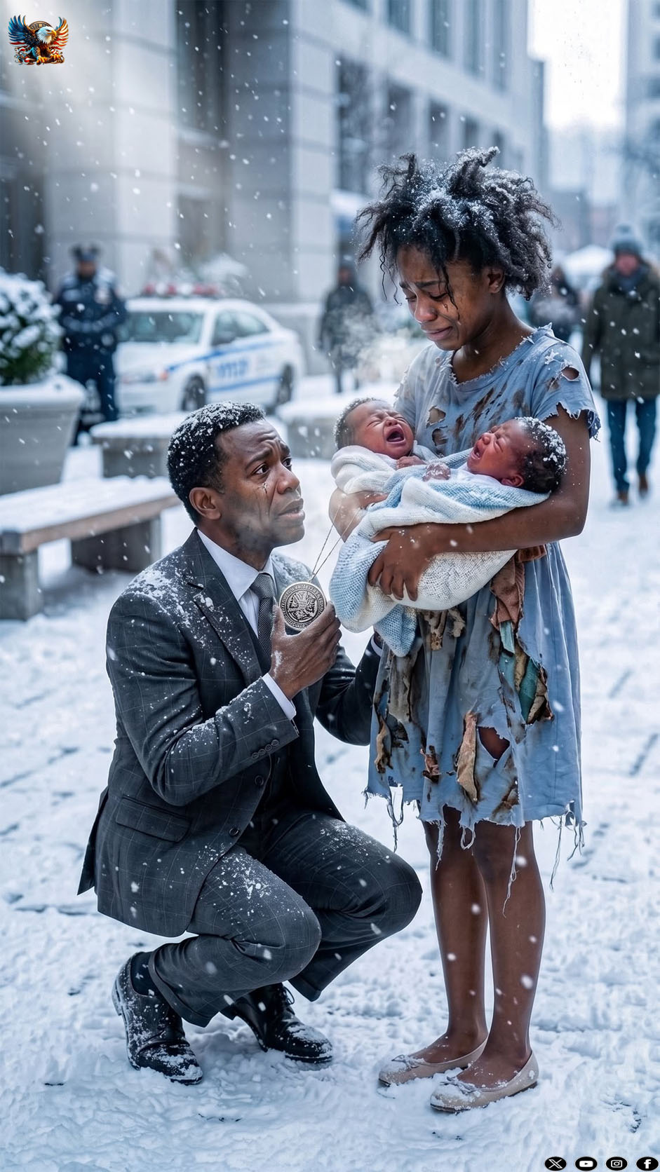 “Will you keep one?” the street girl whispered through her tears. A billionaire froze, staring at the two shivering babies she held. His heart stopped as he noticed the silver hospital bracelets still on their tiny wrists. Trembling, he realized these were his newborn twins, kidnapped just two days ago…