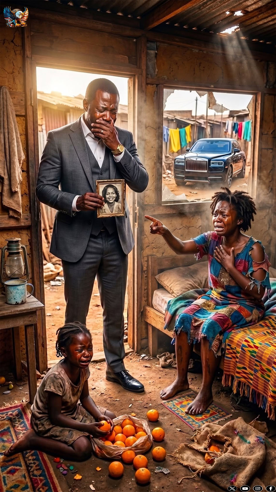 “Please buy my oranges, I need medicine for Mama,” a girl begged at my gate. But when she saw a photo in my hall, she gasped, “That’s my mom!” I rushed to her shack and found my long-lost love. She trembled: “You shouldn’t have come, Grant. Now we’re all in danger.” Just then, a black car pulled up behind us, and my daughter screamed…