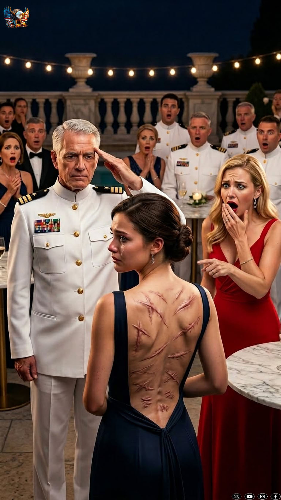 At my father’s luxury retirement party, my sister grabbed my collar and violently tore my shirt open to humiliate me. “Look at the freak! Where have you been hiding for 5 years?” she laughed, exposing the brutal scars covering my back. The elite crowd gasped. My father sneered, ordering security to remove me. I didn’t cry. I just checked the countdown on my watch. Then, a 4-Star Admiral stepped from the crowd, faced me, and snapped a crisp salute. The entire room went dead silent…