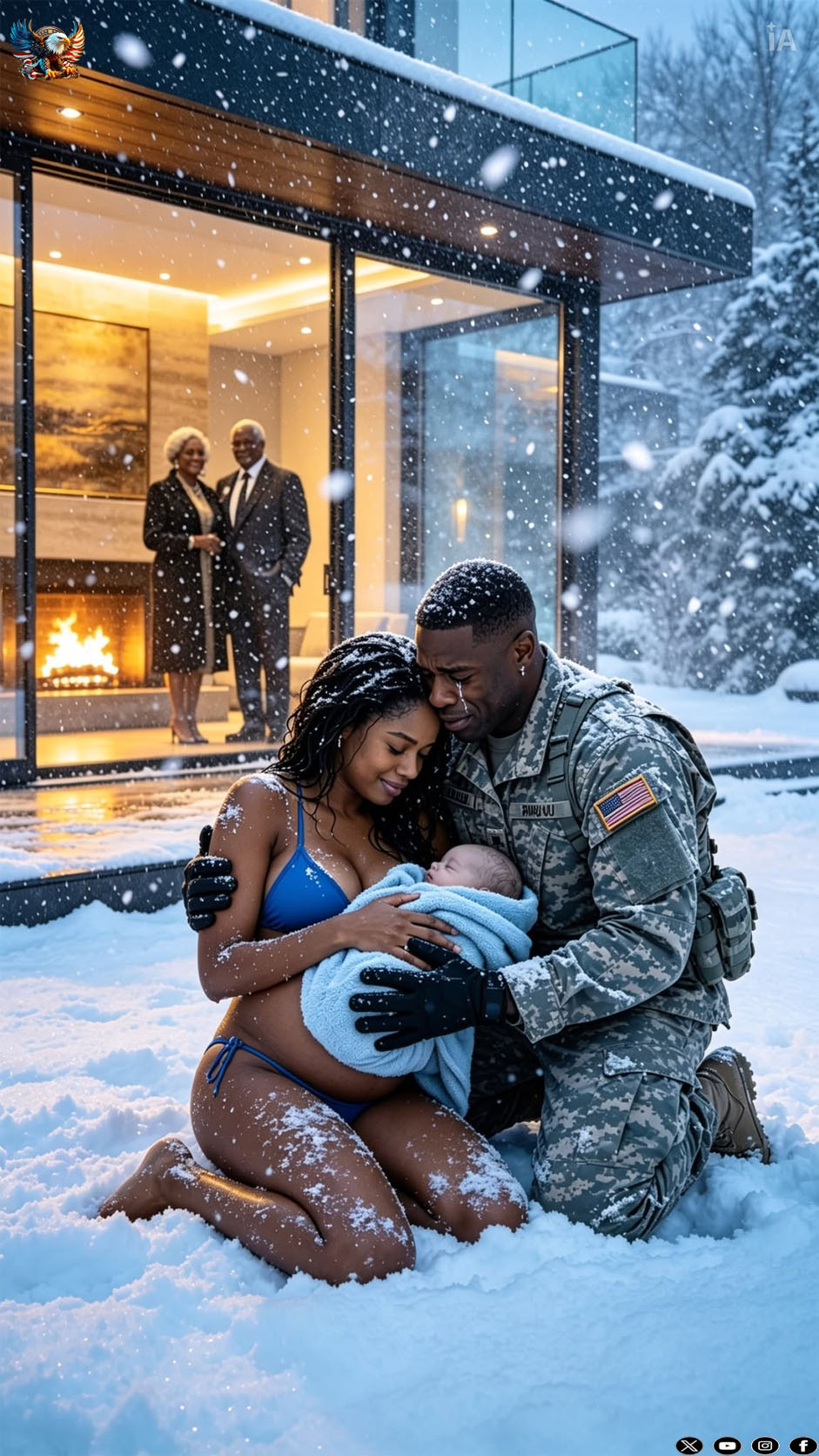 My plane landed after eighteen months overseas, but instead of my wife waiting with open arms, I found her collapsed barefoot in the snow outside my own house, shielding our six-month-old son with her freezing body. “Your parents said we weren’t family anymore,” she whispered through blue lips. In that instant, I stopped feeling like a soldier returning home and became a husband ready to reclaim everything they had stolen from us.