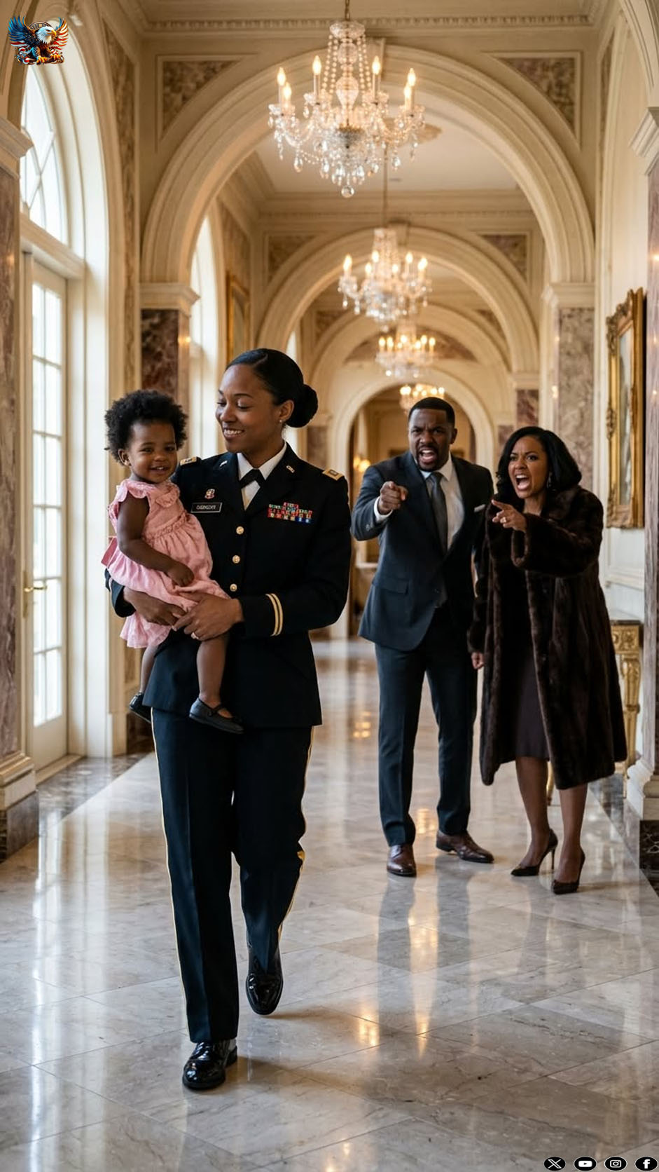 My husband texted: “Don’t be late tonight. Mom has a surprise waiting for you.” I drove home from my military base with my one-year-old daughter… smiling the entire way. But the moment I walked in… the living room was filled with relatives. Everyone was staring at me. My husband slammed a DNA test on the table. “She’s not my child.” My mother-in-law pointed at the door. “Get out of my house!” Before I could say a word… the front door opened.