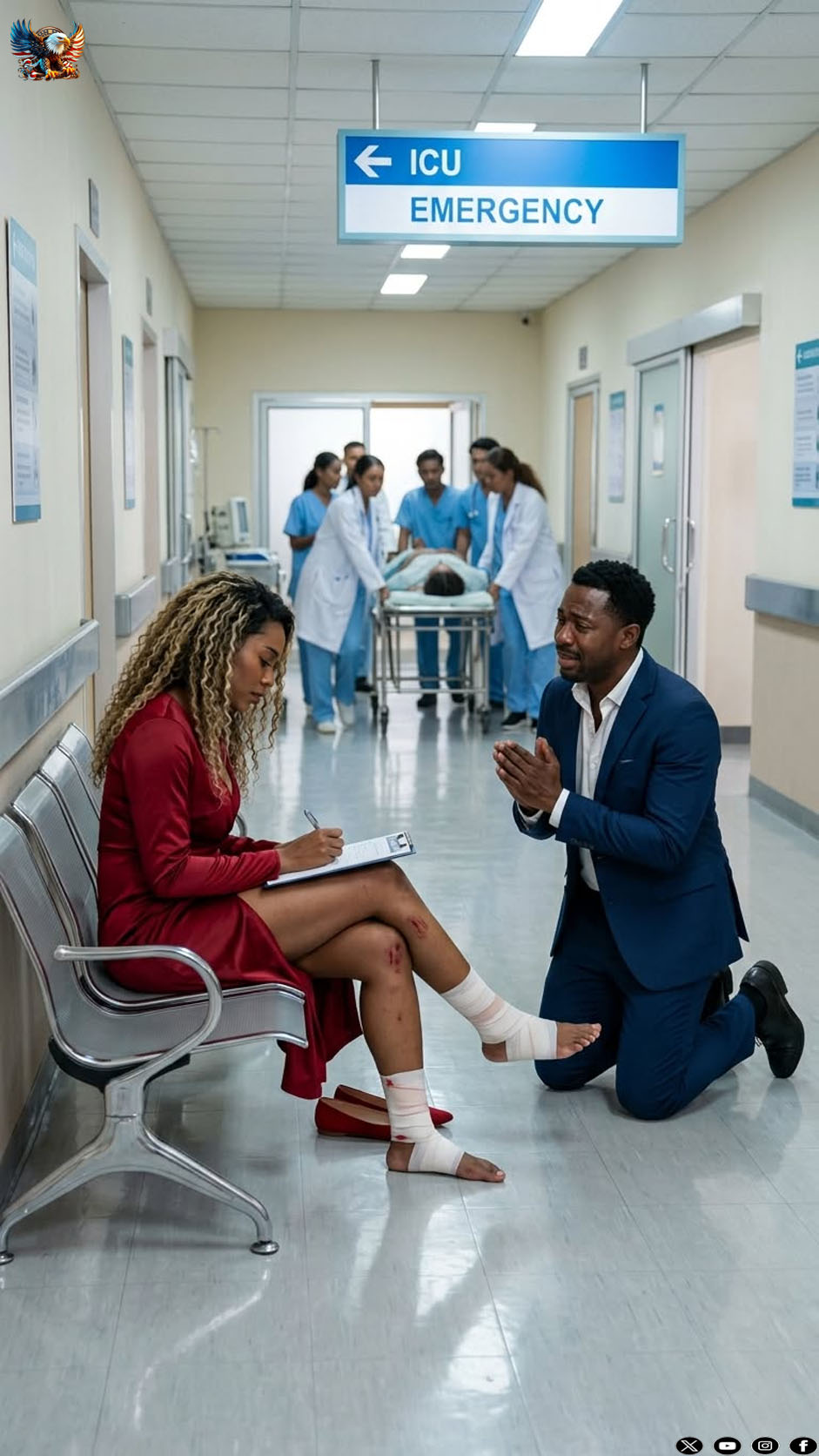 His childhood sweetheart and I were pulled from the same wreck, but he ran past my bleeding body to carry her into the ambulance. With shaking hands, I signed my own surgical consent. Hours later, he burst into the hospital. “Where’s my wife?” The doctor looked at him coldly. “Alive—and awake. But she asked me to tell you the divorce is filed, your accounts are frozen, and she never wants to see you again.”