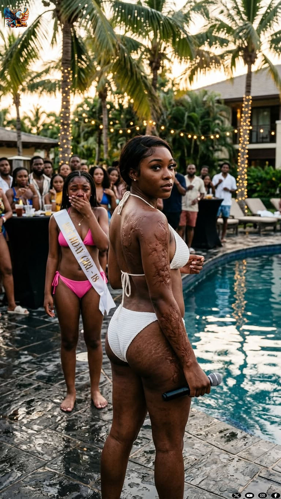 My twin sister forced me to wear a bikini at our 18th birthday party, convinced everyone would laugh at the scar I’d hidden for years. Halfway through the party, I took off my robe and smiled. “This scar,” I said, “is the reason my sister is alive today.” The room fell silent, and she collapsed to her knees in tears.