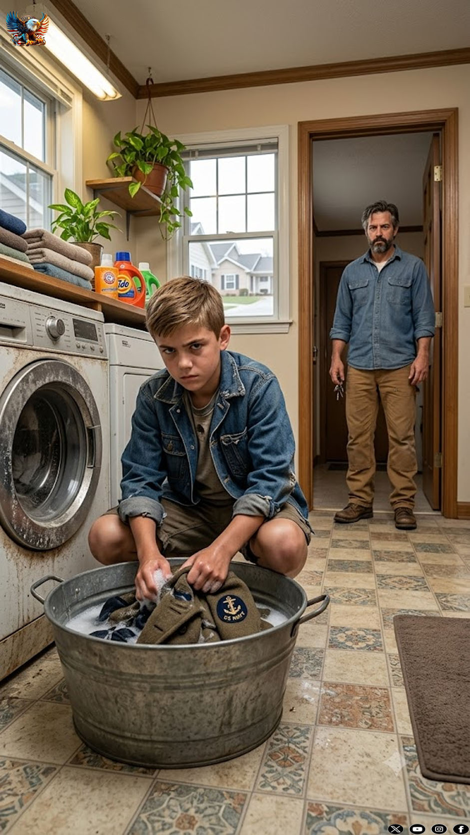 He returned in the early hours and found his son washing clothes in the dark; when he rolled up his sleeve, he discovered that his wife was hiding something much worse.
