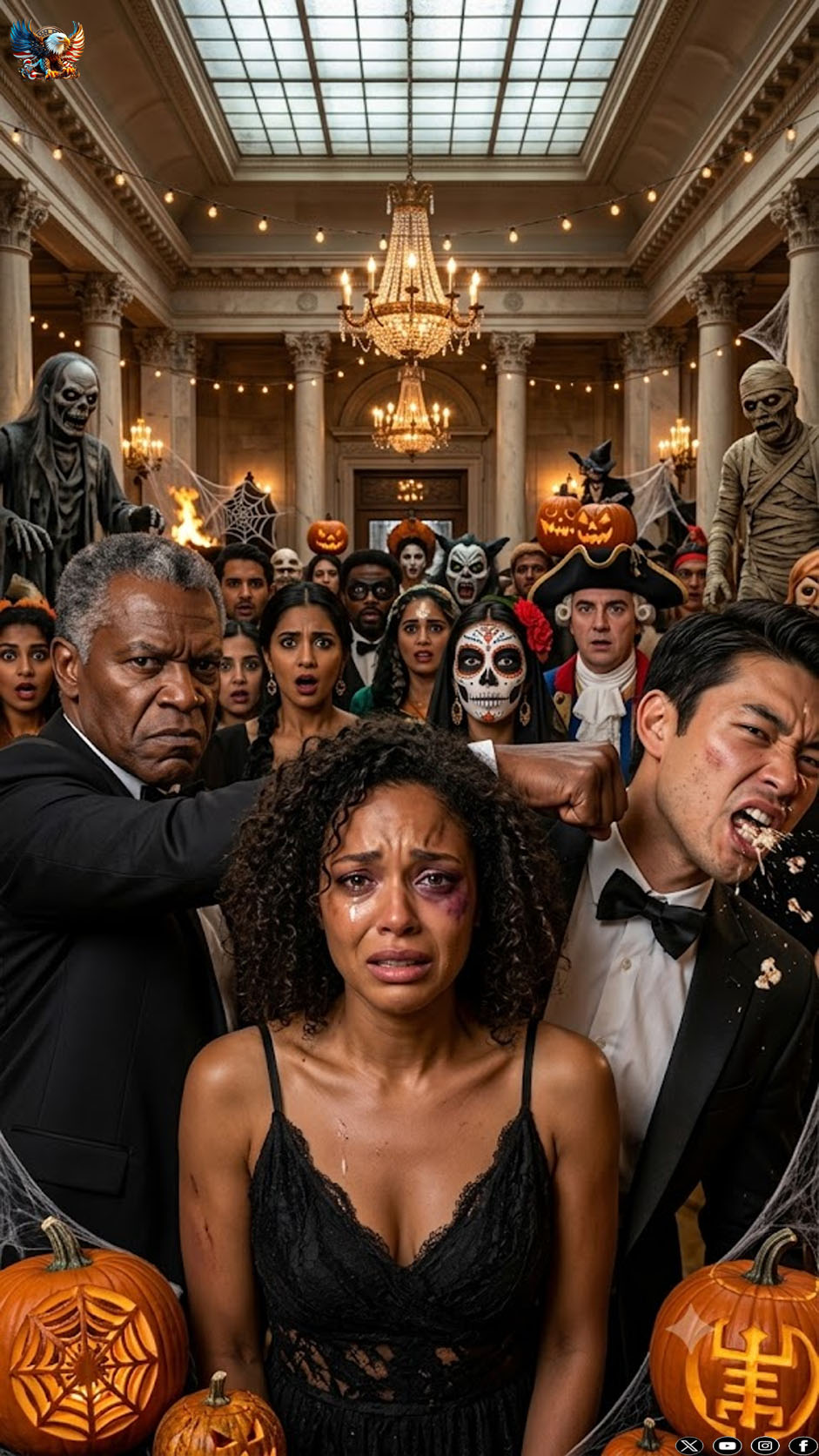 At the Halloween party, I walked in with one eye bruised black. My husband grinned and raised his glass. “I’m the one who taught her a lesson—now she doesn’t need a costume.” The room erupted in laughter, until my father stepped out from behind the masked guests, placed a sealed police file on the table, and whispered, “Laugh while you still can.” Then the ballroom doors locked.