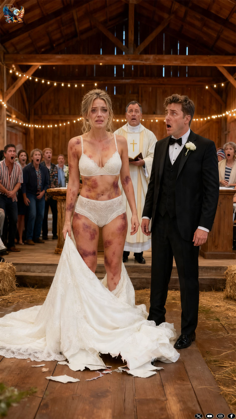 At the wedding altar, the groom squeezed my hand and sneered, “From today on, you belong to me. Know your place.” I smiled and whispered, “You want a wife? Then meet your witness.” Before hundreds of stunned guests, I removed my wedding dress, revealing the bruises he had inflicted and the evidence I had secretly gathered over months. The applause died down in a horrific silence. But no one realized that the final piece of evidence I was about to reveal would destroy him, his fortune, and everything he had been pretending for years…