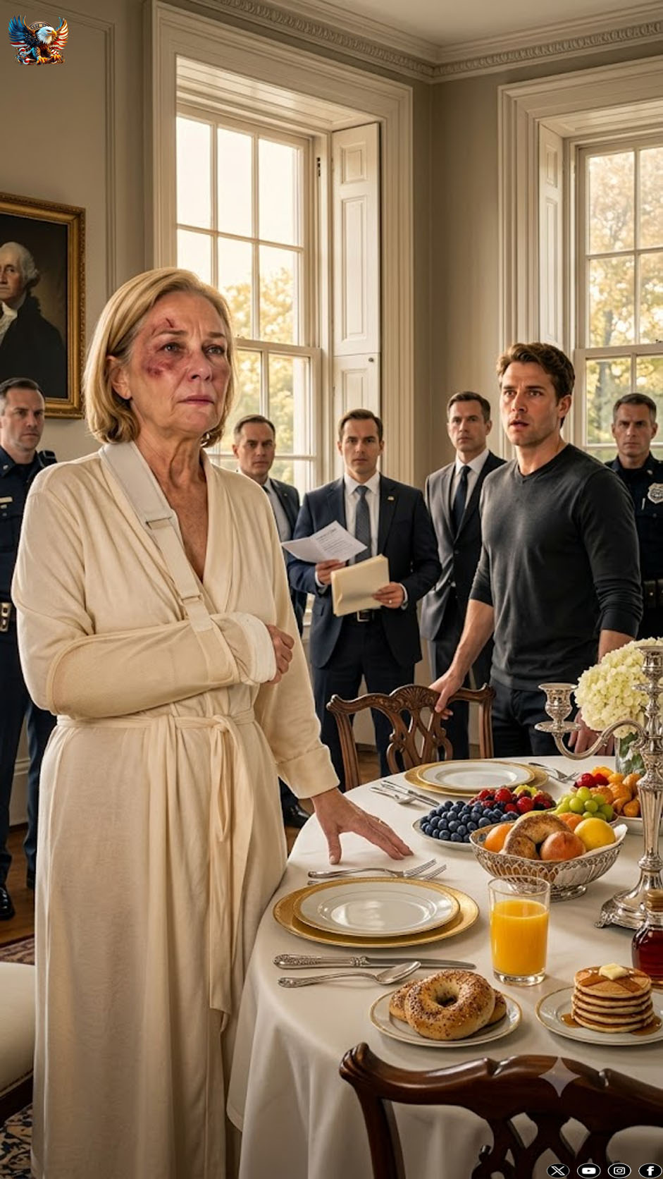 After my son pushed me down the stairs for refusing to pay his gambling debts, I didn’t shed a tear. The next afternoon, I roasted a prime rib, polished his late father’s crystal glasses, and set the dining room to perfection. He strutted in, grabbed a piece of meat with his bare hands, and laughed, “Good girl. Now go get my checkbook.” He stopped dead when the three men in suits turned around from the head of the table. They weren’t my friends; they were the estate lawyers, and they had just finished notarizing his complete disinheritance.