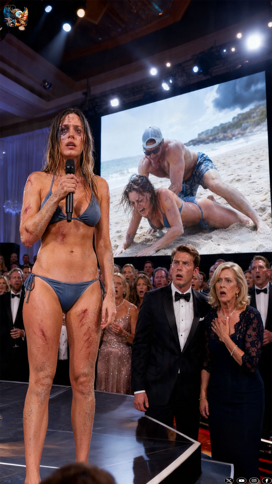 My boyfriend left me bruised and covered in sand on the beach, while his mother stood outside the hospital and sneered, “She’s probably exaggerating for attention.” I didn’t argue. I didn’t beg. Two weeks later, at his company’s glamorous anniversary party, I walked onto the stage, took the microphone, and connected my phone to the giant screen. As the first video began playing, his confident smile vanished—and I hadn’t even revealed the worst evidence yet.