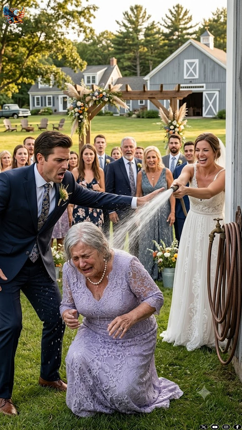 At my wedding, my bride’s family pointed at my mother and laughed. “Look at that pathetic poor woman,” her father sneered. My fiancée grabbed a garden hose. “Let me wash the smell of poverty off her.” The freezing water struck my mother as the guests cheered. I stepped between them, removed my ring, and said, “The wedding is over. And by sunrise, your family’s entire empire will be gone.”