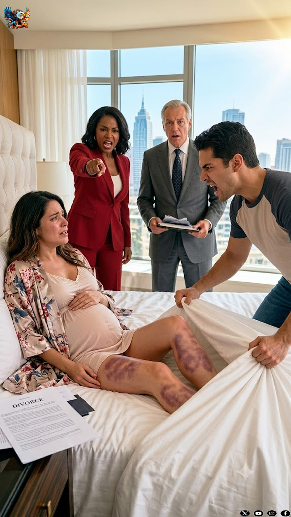 My husband ripped off my blanket and sneered, “Stop pretending.” The moment he saw the bruises covering my legs and heard me whisper, “Please… don’t let them take my baby,” every drop of color drained from his face.