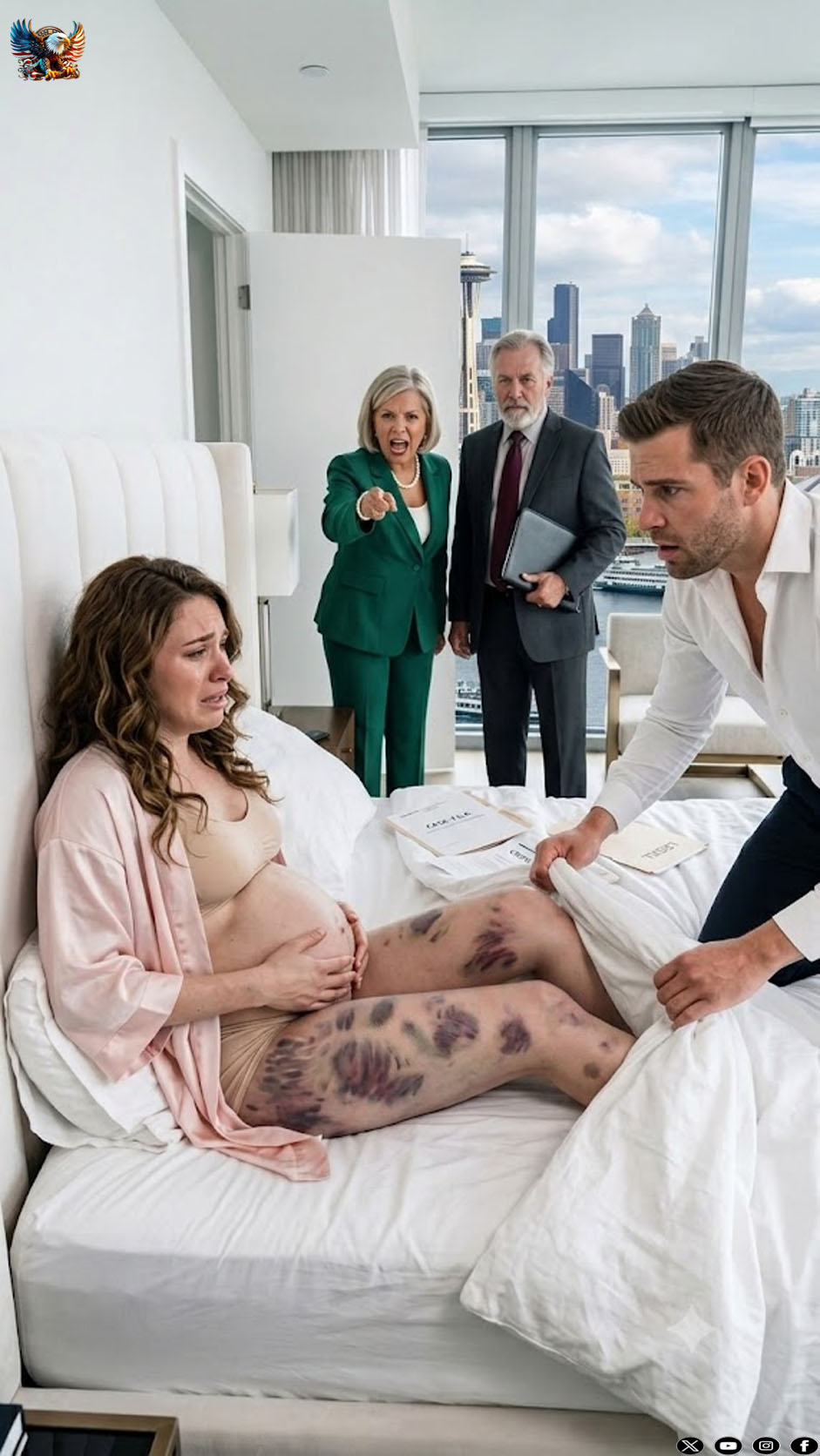 My husband lifted the blanket, thinking I was faking it, but he saw my bruised legs and heard my plea: “Don’t let them take my baby away” ; his mother and cousin were waiting outside with a signed stack of documents, completely unaware that a hidden camera was about to change everything.