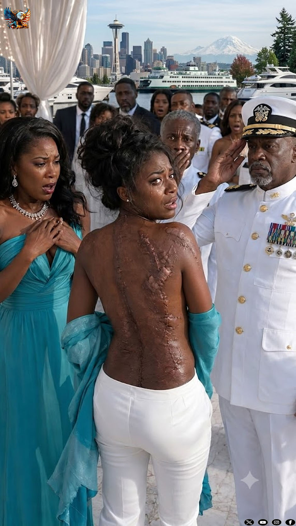 My sister tore my shirt open at my father’s luxury retirement party and laughed at the scars on my back, while Navy officers stared and my father stayed silent — but when an Admiral stepped forward, his salute revealed why I had vanished for five years. The room went dead quiet, because the daughter they had mocked was no longer powerless.