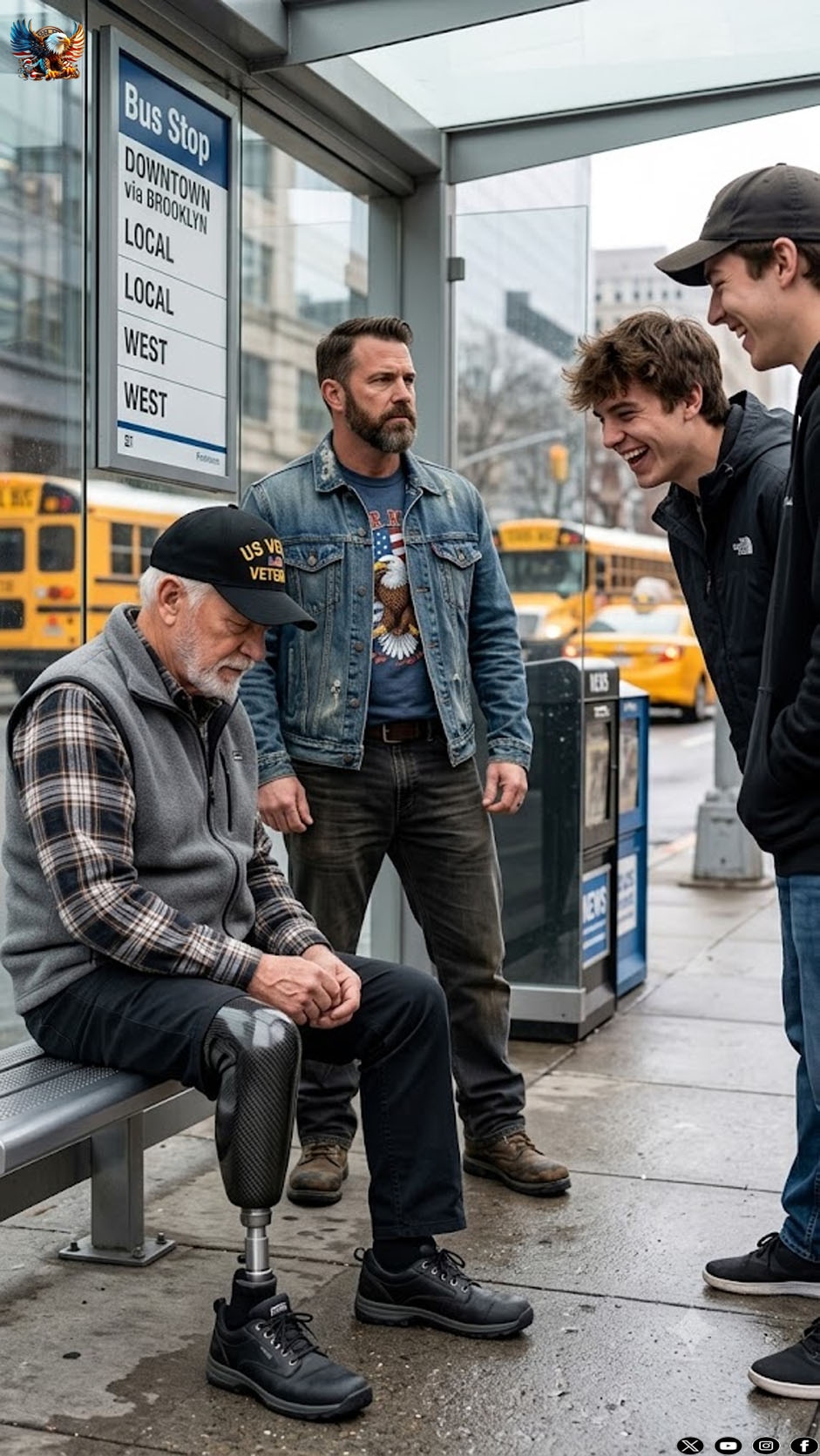Young thugs on the street were mocking an old veteran who had a prosthetic leg, never imagining what would happen just one minute later