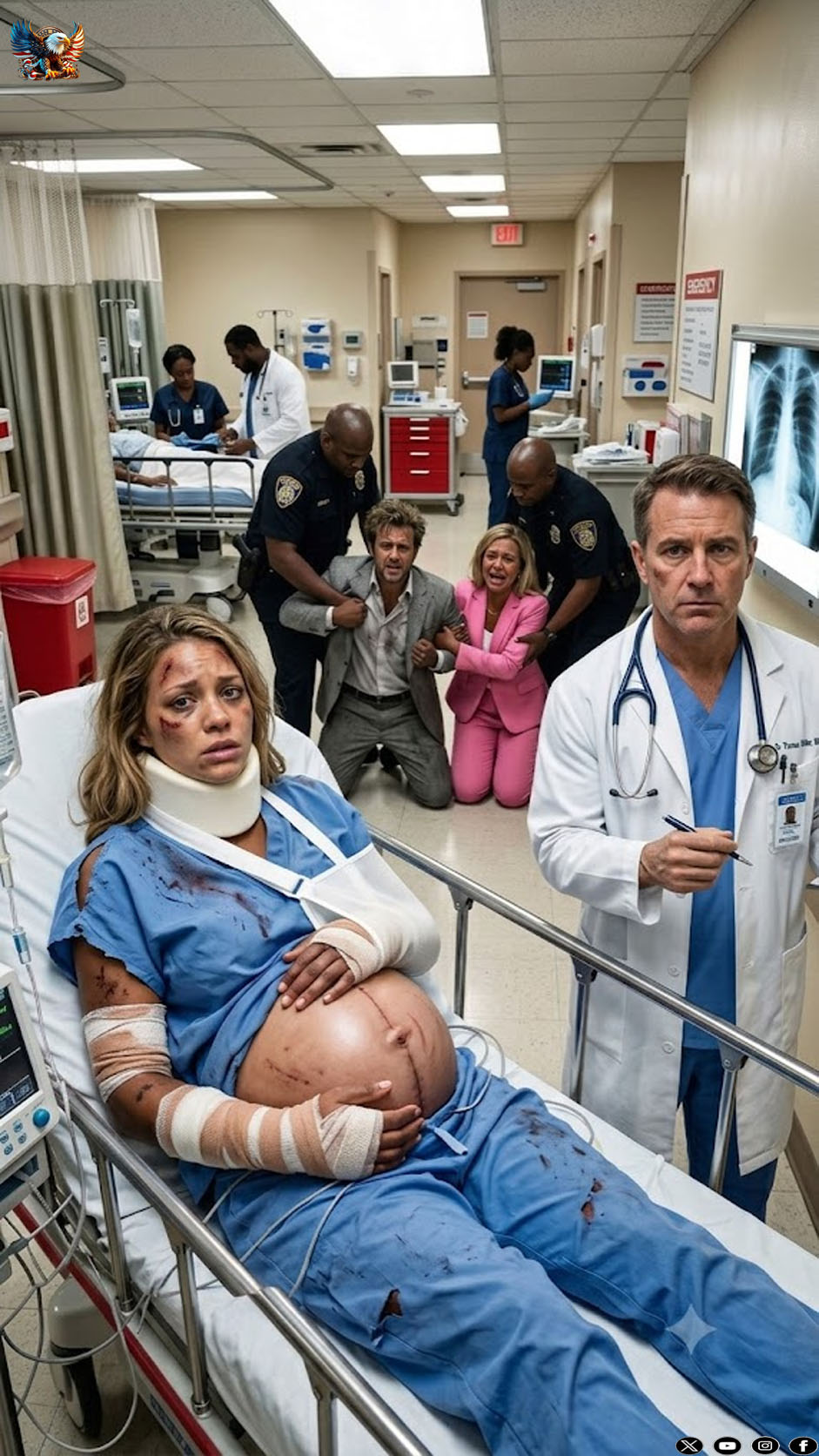 My husband abused me every day. I was 5 months pregnant, fighting internal bleeding and three broken ribs, while my husband wept at my bedside: “She fell down the stairs, Doctor! Please save her!” He expected sympathy. Instead, the surgeon stared at my injuries with cold, piercing eyes. He didn’t ask a single question. He simply looked at my husband, pressed the alarm, and commanded: “Lock the doors. Call the police.”