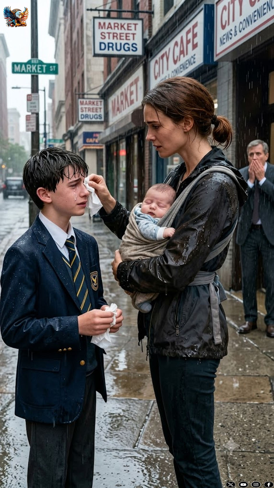 A humble mother cradled a crying boy in the rain