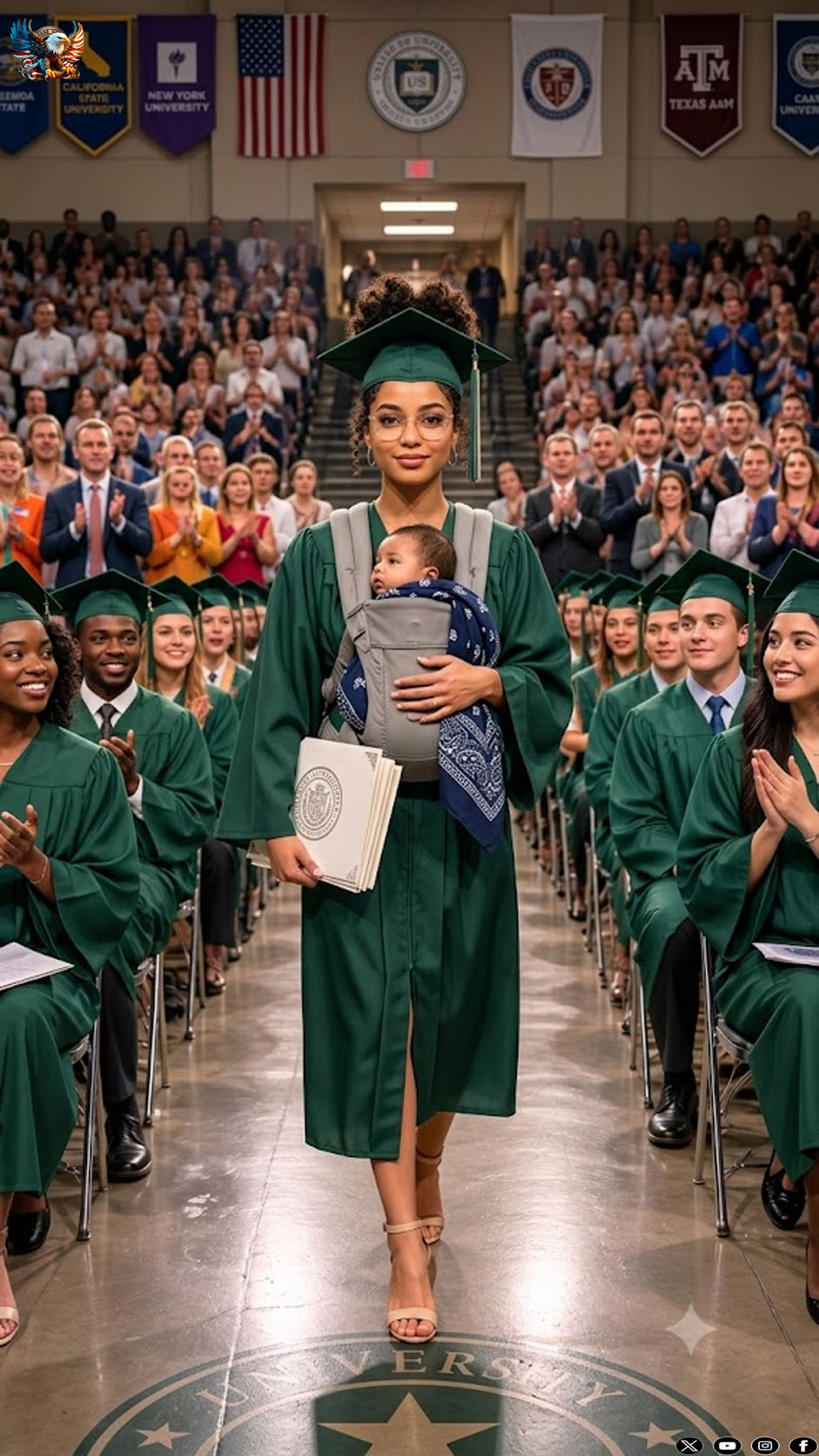 They started laughing the moment my daughter walked onto the graduation stage with a newborn in her arms. Someone sitting behind me even muttered, “Just like his mother…” But what she said next silenced the entire room.